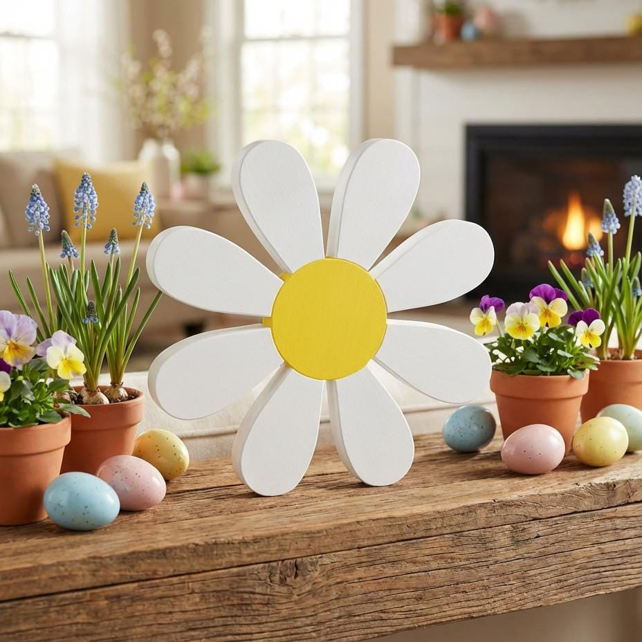 White daisy shelf sitter on decorated shelf – spring home accent, made in USA