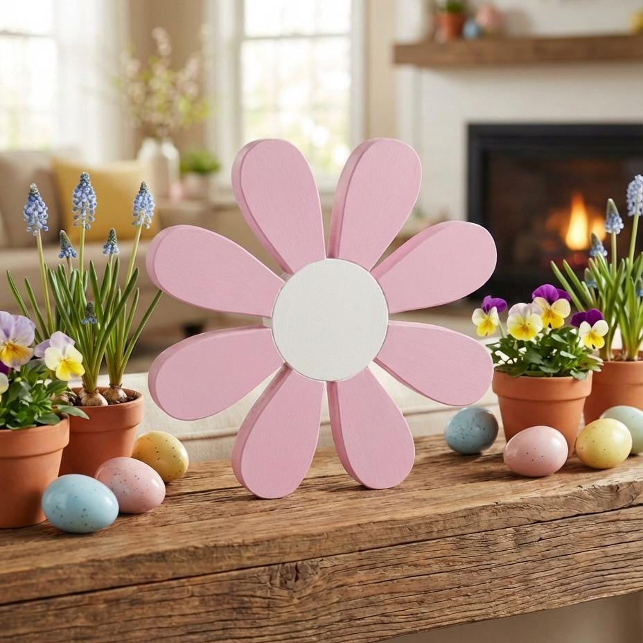 White daisy shelf sitter in lifestyle setting – spring home decor by Idle Made USA