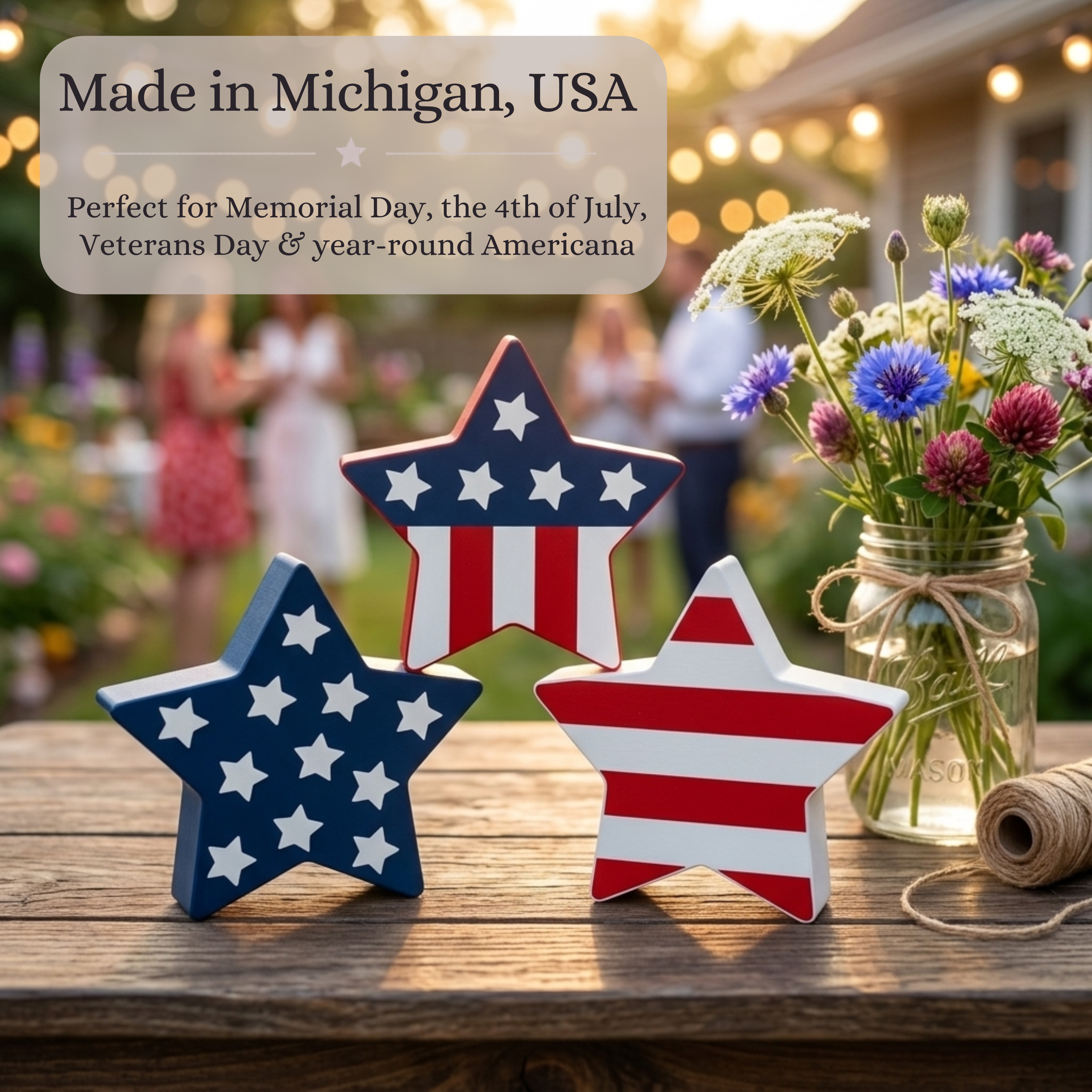4th of July Decorations Set of 3, Stars & Stripes, Freestanding Patriotic Star Decor, Made in USA