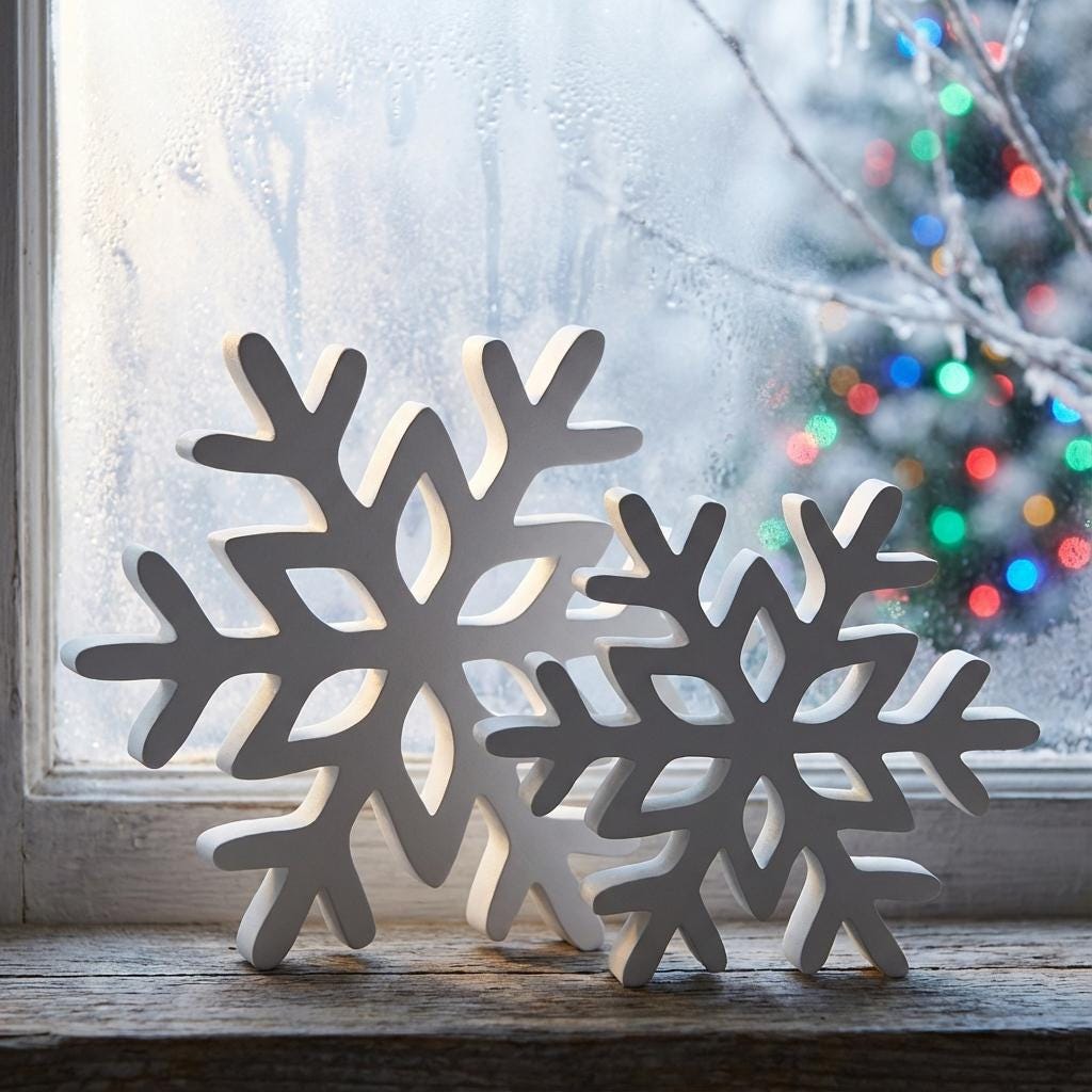 Snowflake shelf sitter set on decorated windowsill – holiday shelf decor, made in USA