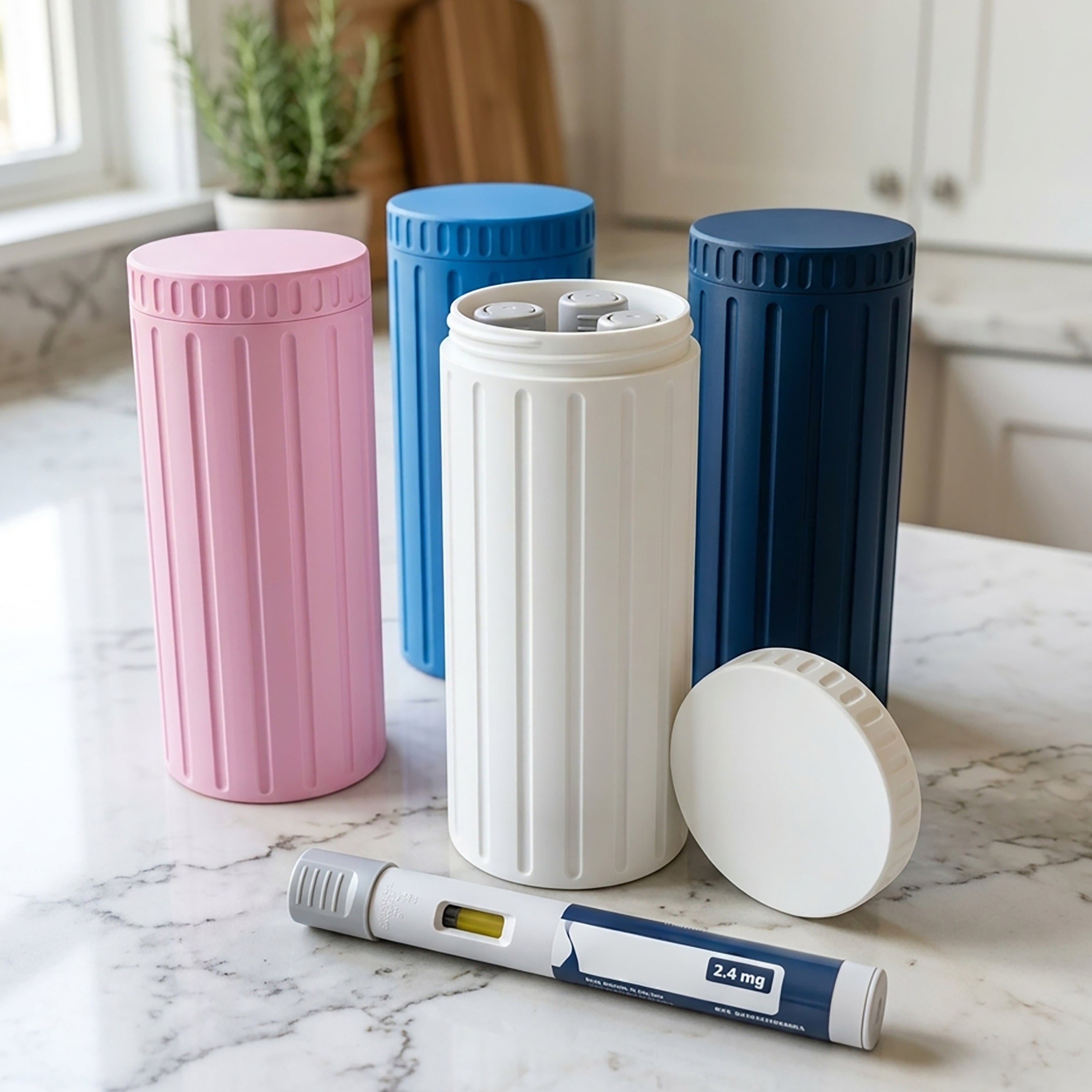 GLP1 Pen Holder, Made in USA, Discreet Fridge Storage Case for Wegovy and Semaglutide Pens, Holds 4 Injection Pens, Twist Lid, Light Blocking, 10 Colors