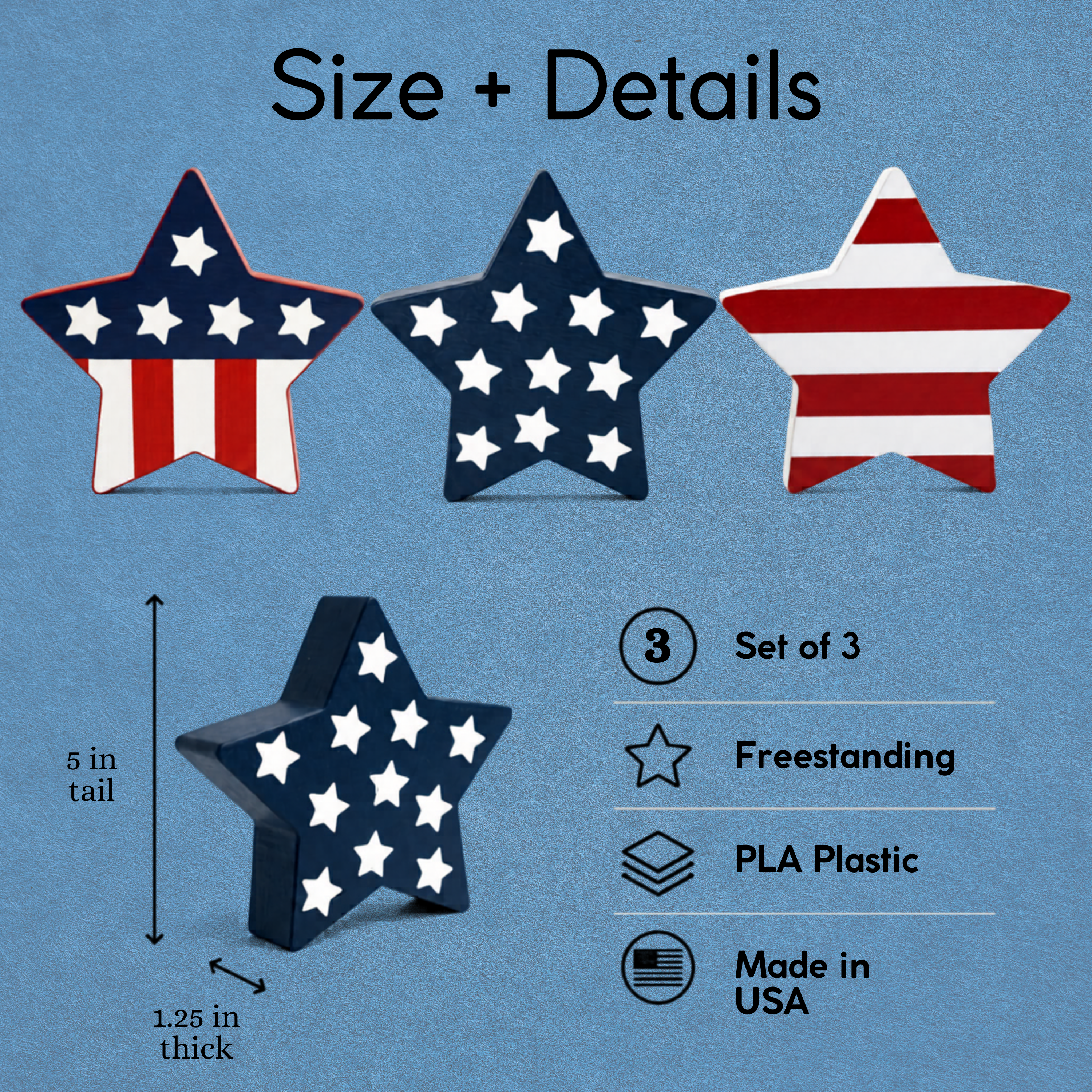 4th of July Decorations Set of 3, Stars & Stripes, Freestanding Patriotic Star Decor, Made in USA