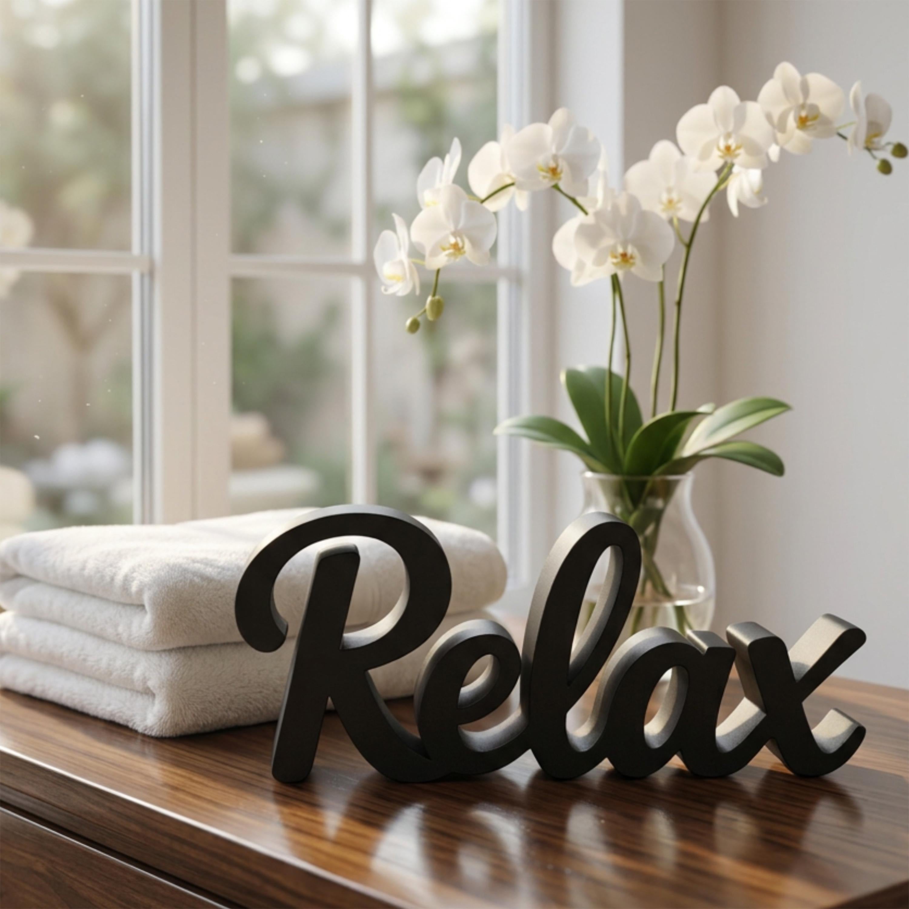 Relax sign with white orchids and spa towels – luxury bathroom shelf decor, made in USA