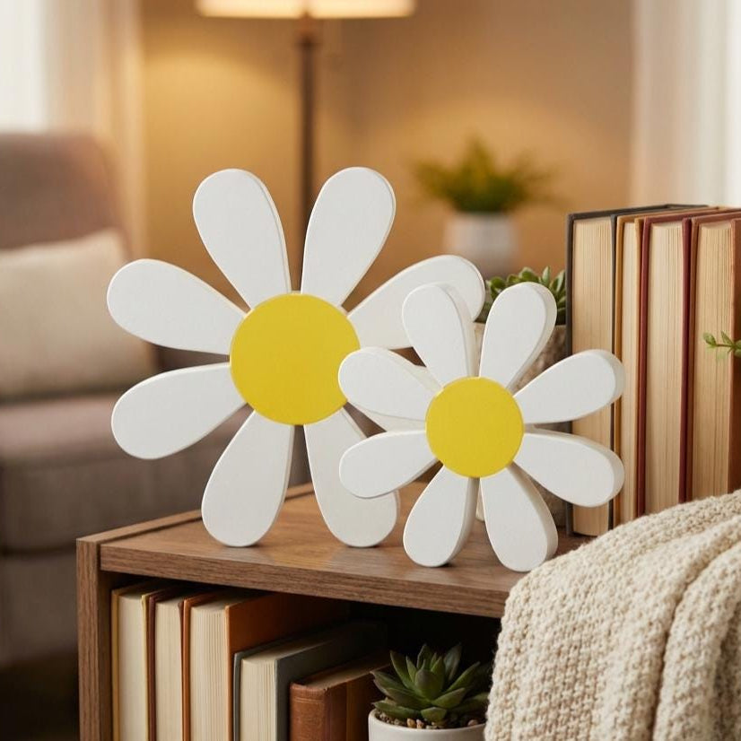 White daisy shelf sitter styled on spring tiered tray – made in USA