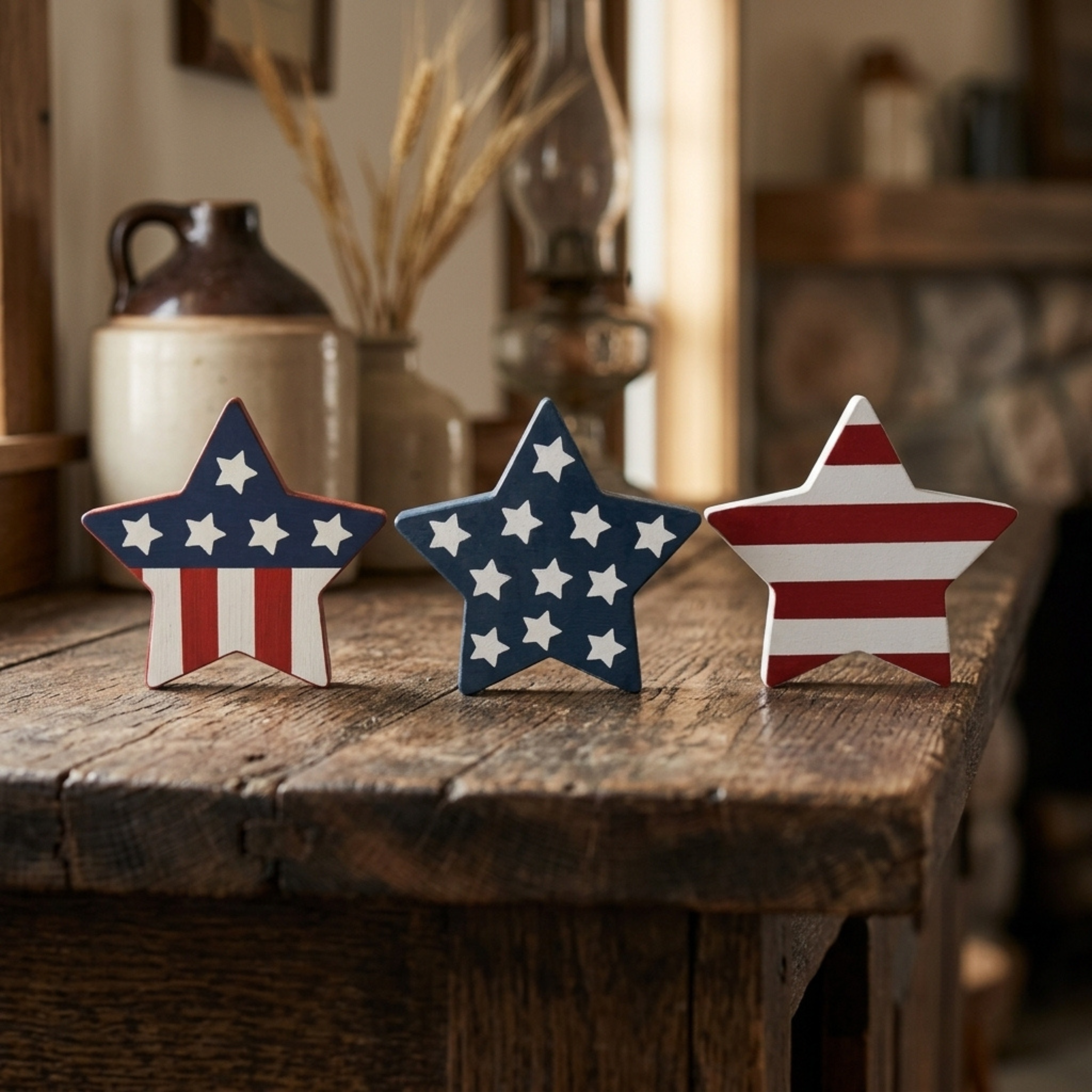 4th of July Decorations Set of 3, Stars & Stripes, Freestanding Patriotic Star Decor, Made in USA