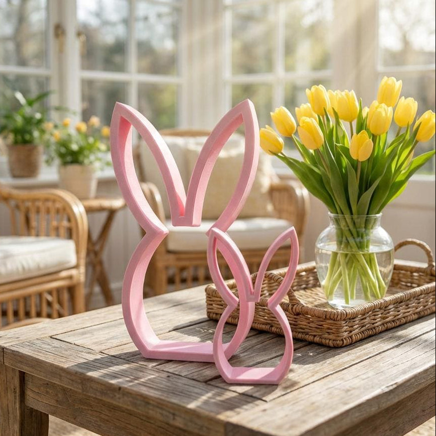Pink Easter bunny shelf sitter styled with yellow tulips – spring shelf decor, made in USA