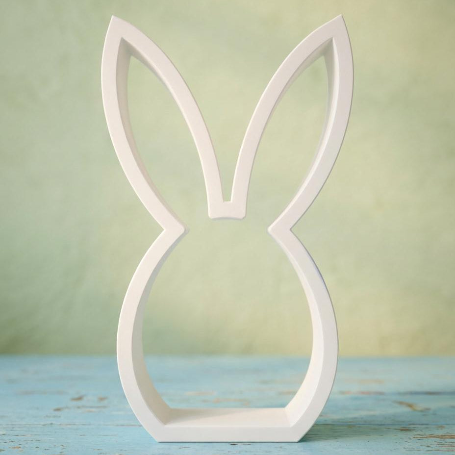 White Easter bunny shelf sitter on wooden surface – minimalist spring decor, made in USA