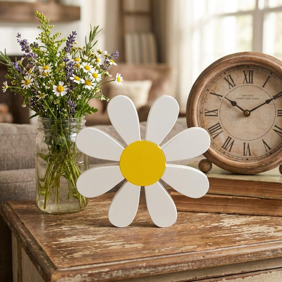 Daisy flower shelf sitter with spring greenery – nursery and home decor, made in USA