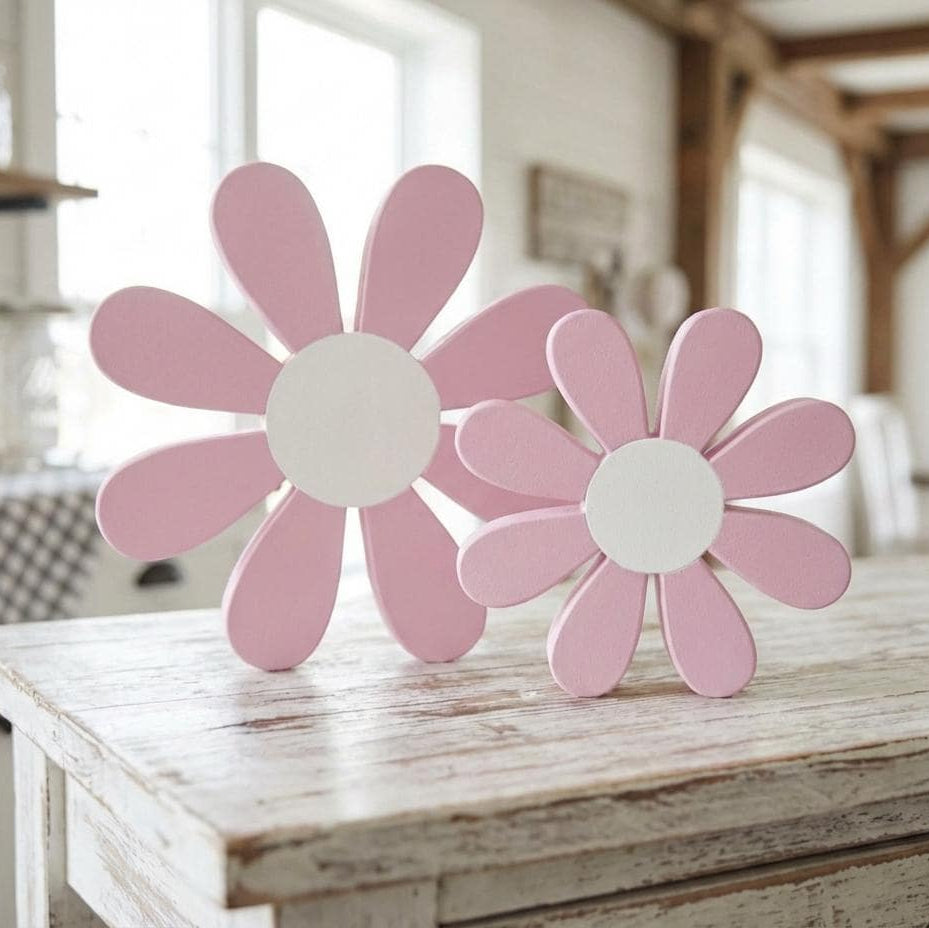 White daisy flower shelf sitter on wooden surface – spring home decor, made in USA
