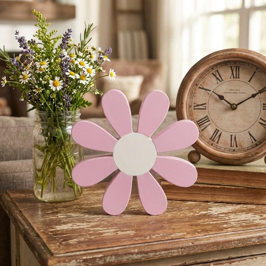 Multiple white daisy shelf sitters on display – spring tiered tray decor, made in USA