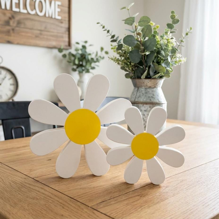 White daisy shelf sitter size comparison – spring tiered tray decor, made in USA