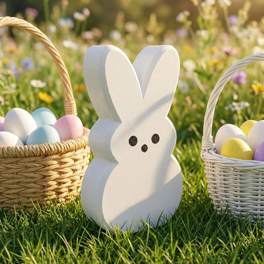 White Peeps-style Easter bunny shelf sitter with egg basket – spring decor, made in USA