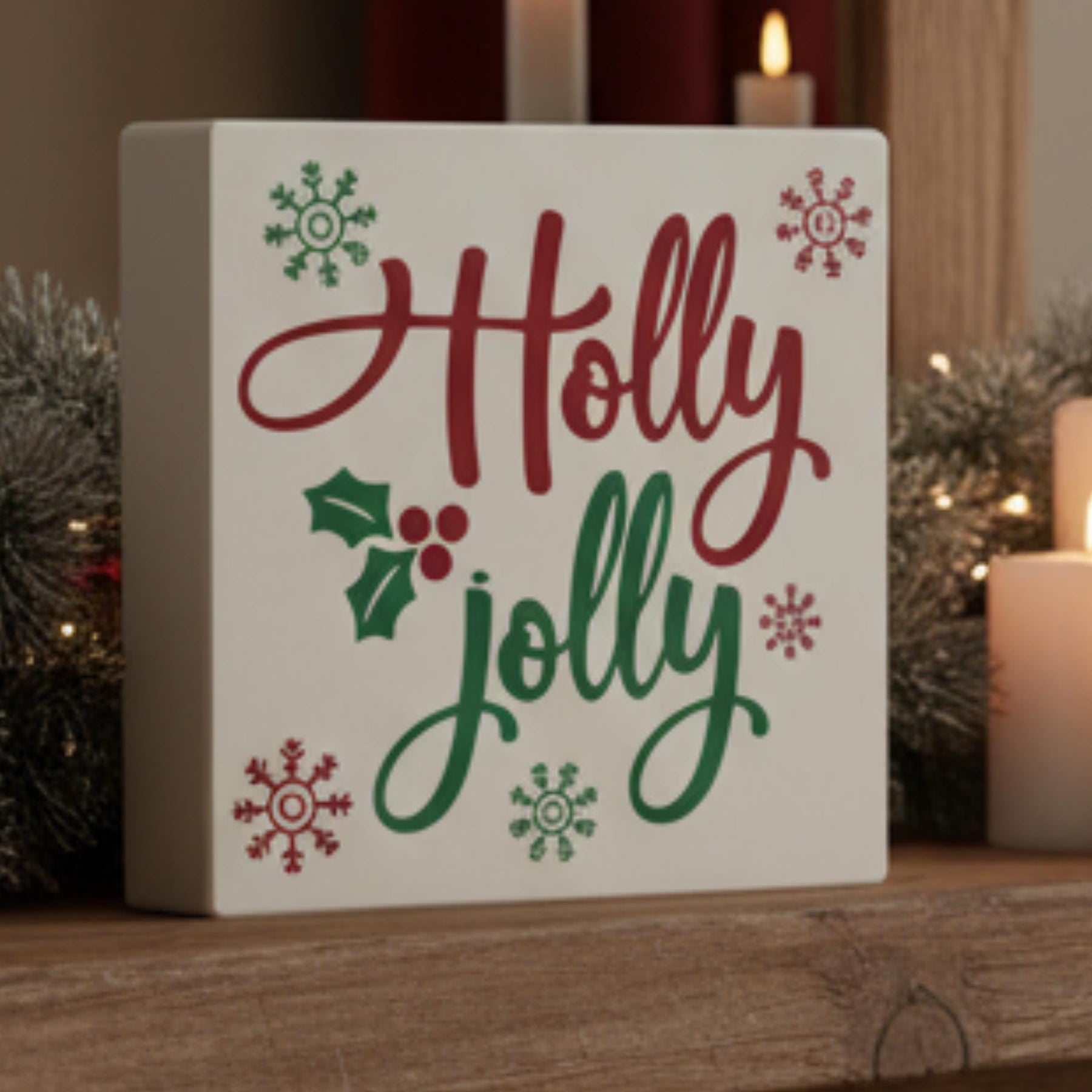 Holly Jolly Christmas sign with candles on wooden shelf – holiday tiered tray decor, made in USA