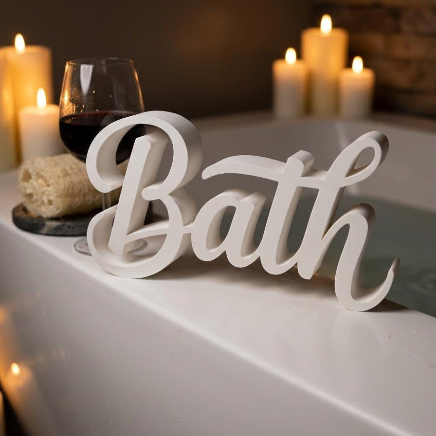 Bath sign on bathtub edge with candles and wine – spa bathroom decor, made in USA