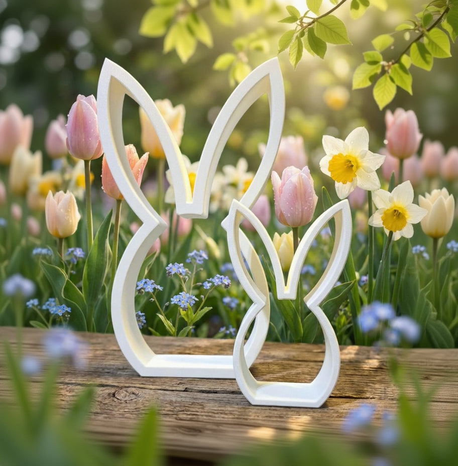 White Easter bunny shelf sitter on wooden surface with spring flowers – made in USA