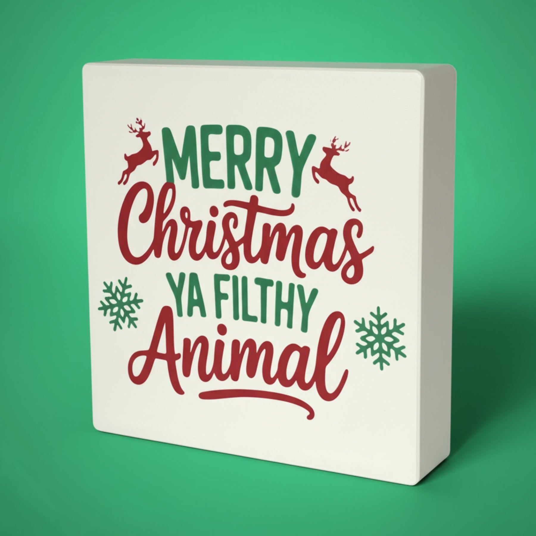 Merry Christmas Ya Filthy Animal shelf sign on green background – Home Alone inspired decor, made in USA