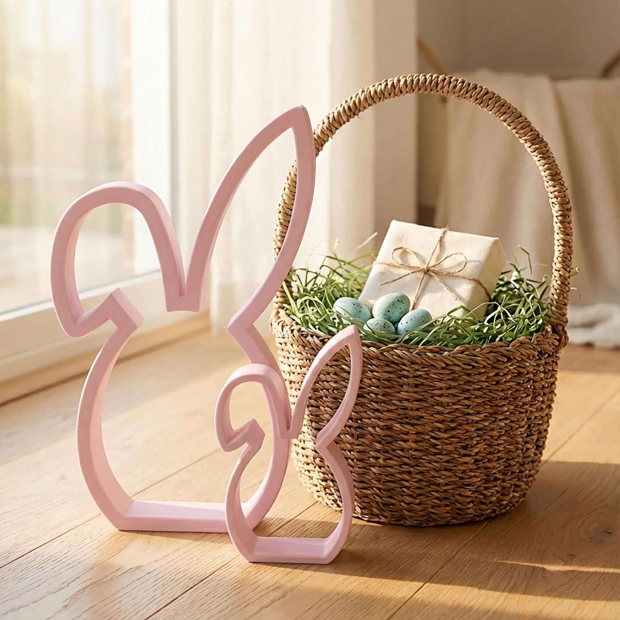 Easter bunny shelf sitter styled with wicker basket and Easter eggs – spring decor, made in USA