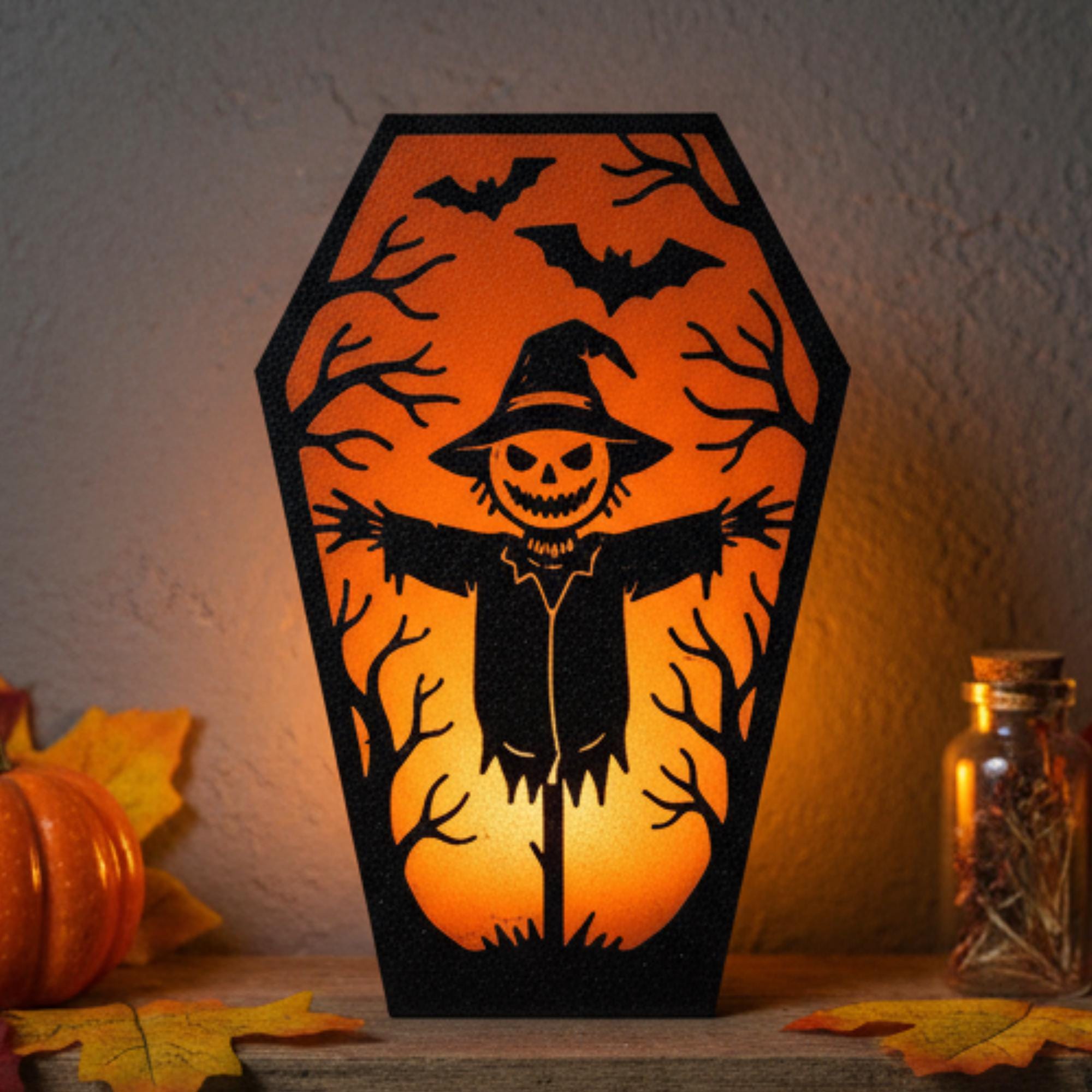 Scarecrow coffin tea light holder – Halloween shelf sitter decor, made in USA