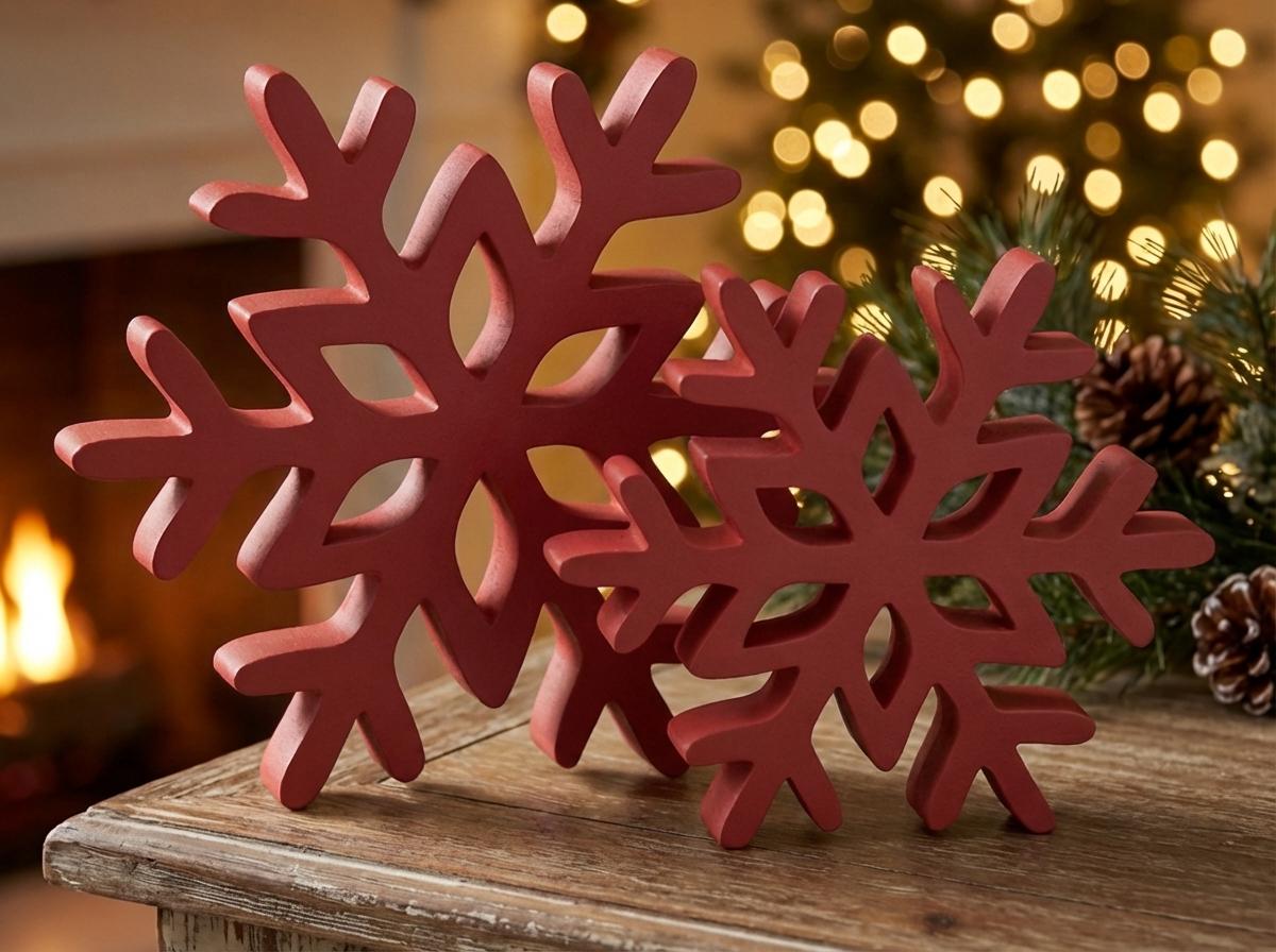 Red snowflake shelf sitters set of 2 with Christmas tree – holiday shelf decor, made in USA