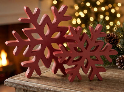 Red snowflake shelf sitters set of 2 with Christmas tree – holiday shelf decor, made in USA