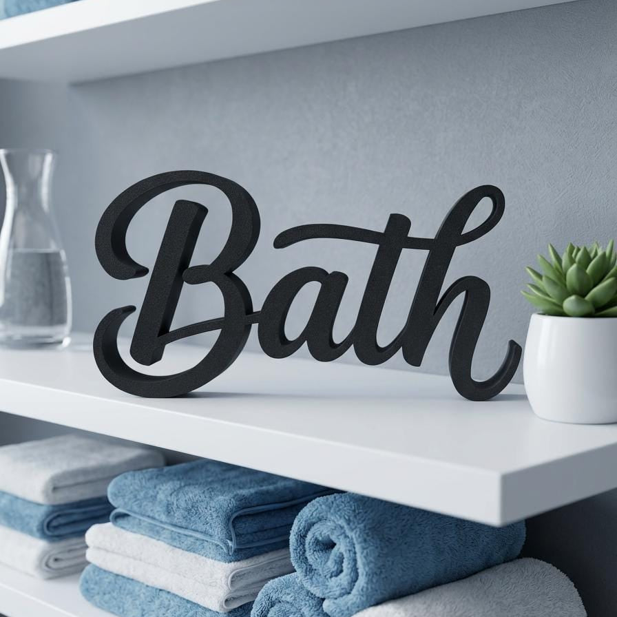 Bath sign on bathroom shelf with decorative towels – spa bathroom shelf decor, made in USA
