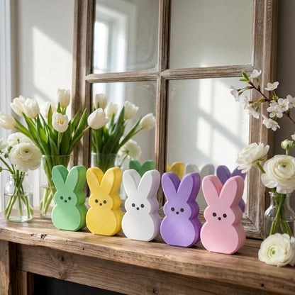 Peeps Easter bunny shelf sitters styled on mantel with flowers – spring home decor, made in USA