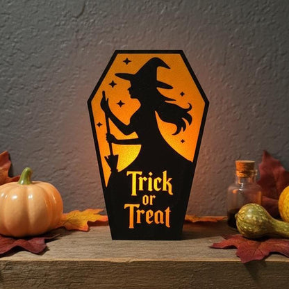 Witch Trick or Treat coffin candle holder on Halloween tiered tray – made in USA