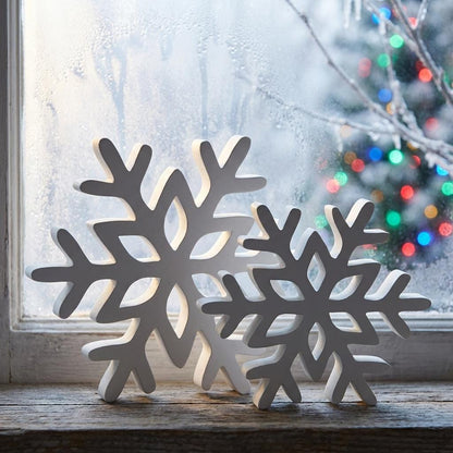 Snowflake shelf sitter set on decorated windowsill – holiday shelf decor, made in USA