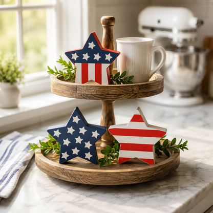 4th of July Decorations Set of 3, Stars &amp; Stripes, Freestanding Patriotic Star Decor, Made in USA