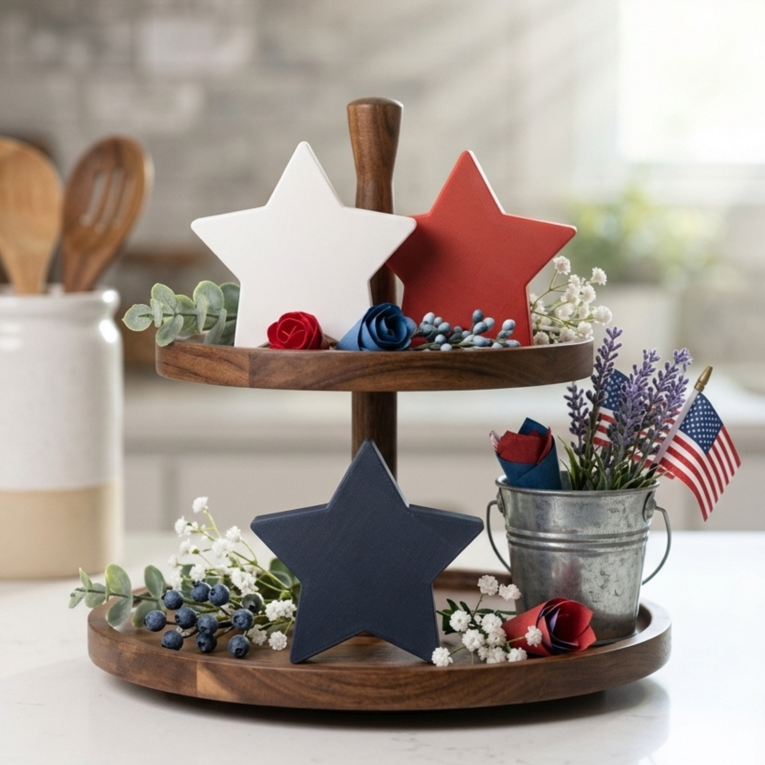 Rustic Patriotic Star Decor, Made in USA, Set of 3 Farmhouse Red White and Blue Stars, Americana Tiered Tray and Shelf Decor