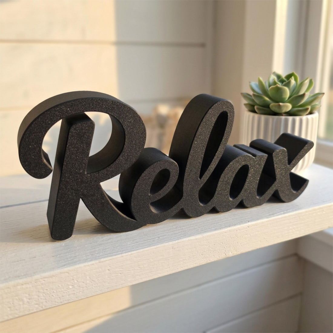 Relax sign on bathroom shelf with plant – spa-inspired bathroom decor, made in USA