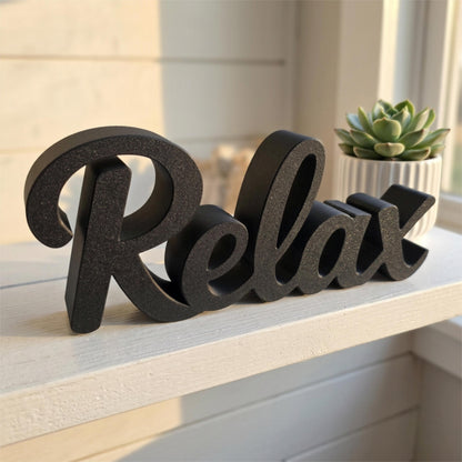 Relax sign on bathroom shelf with plant – spa-inspired bathroom decor, made in USA