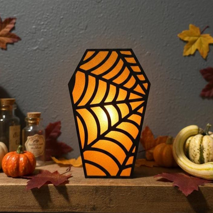 Spider web gothic coffin tea light holder on Halloween tiered tray – made in USA