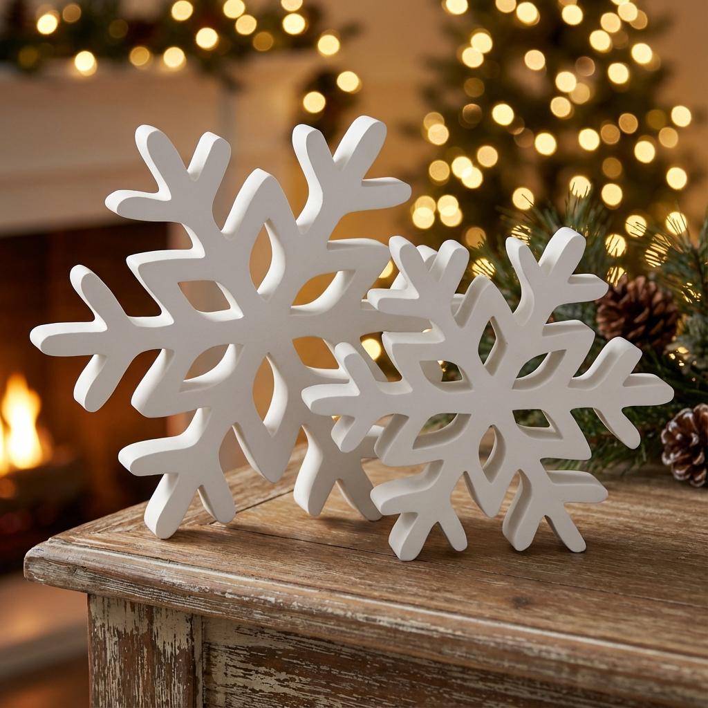 White snowflake shelf sitters set of 2 on wooden surface – winter tiered tray decor, made in USA