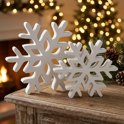 White snowflake shelf sitters set of 2 on wooden surface – winter tiered tray decor, made in USA