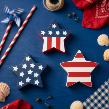 4th of July Decorations Set of 3, Stars &amp; Stripes, Freestanding Patriotic Star Decor, Made in USA