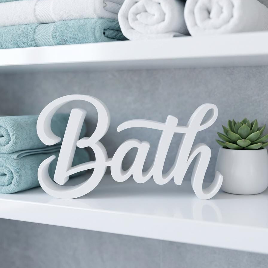 Bath sign styled on bathroom shelf with spa accessories – farmhouse home decor, made in USA