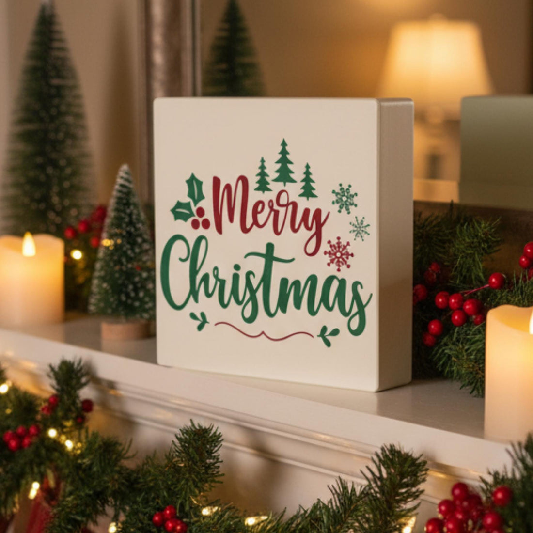 Merry Christmas sign on fireplace mantel with candles and garland – elegant holiday decor, made in USA