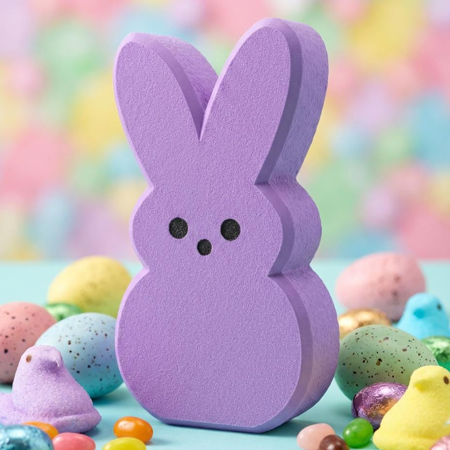 Purple Peeps Easter bunny shelf sitter among Easter candy – spring decor, made in USA