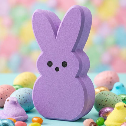 Purple Peeps Easter bunny shelf sitter among Easter candy – spring decor, made in USA