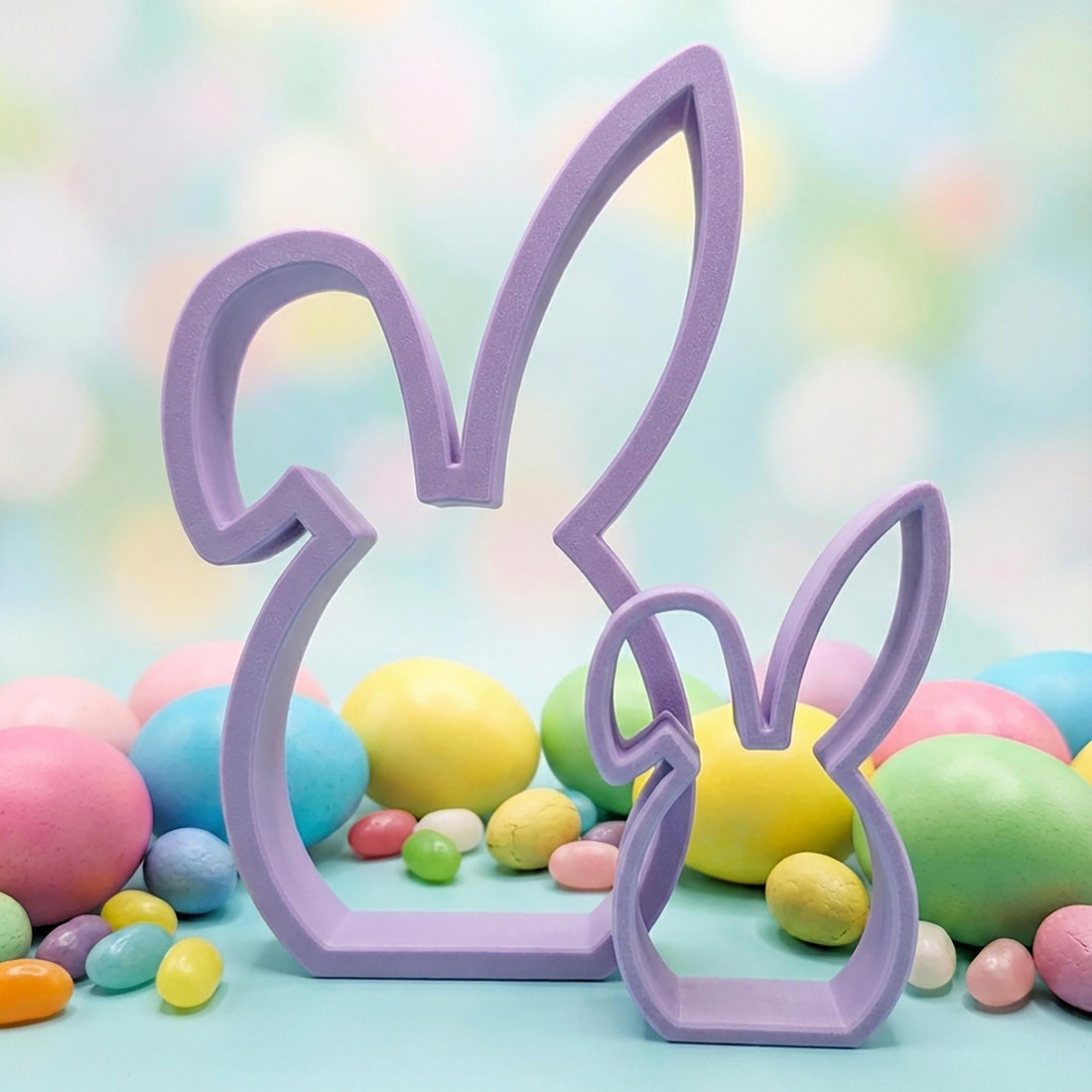 Floppy ear Easter bunny shelf sitter in lavender – spring tiered tray decor, made in USA