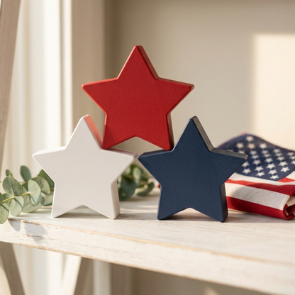 Rustic Patriotic Star Decor, Made in USA, Set of 3 Farmhouse Red White and Blue Stars, Americana Tiered Tray and Shelf Decor
