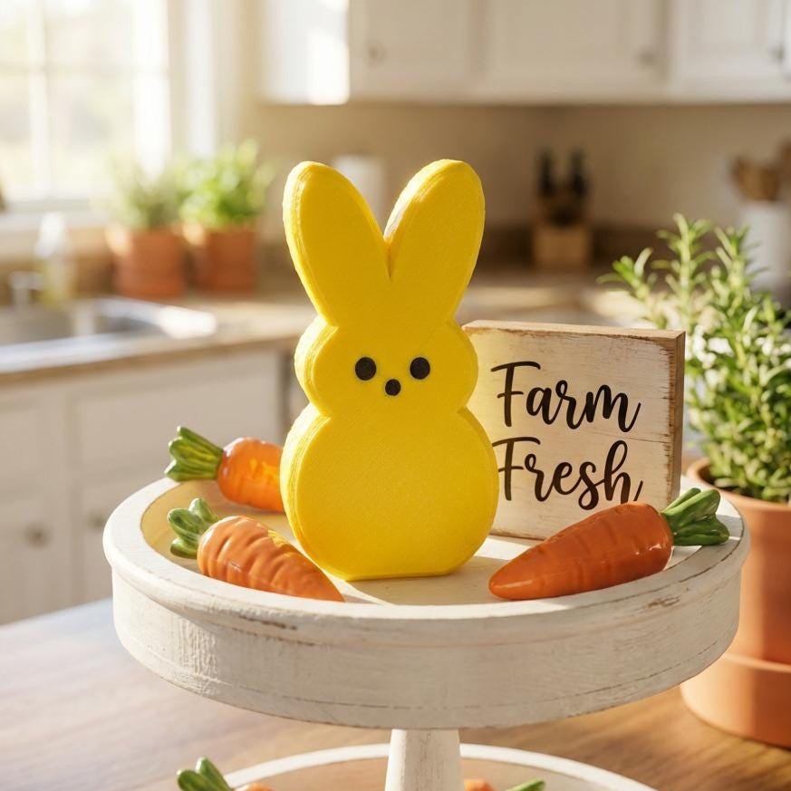 Yellow Peeps Easter bunny shelf sitter on stand with carrots – spring kitchen decor, made in USA
