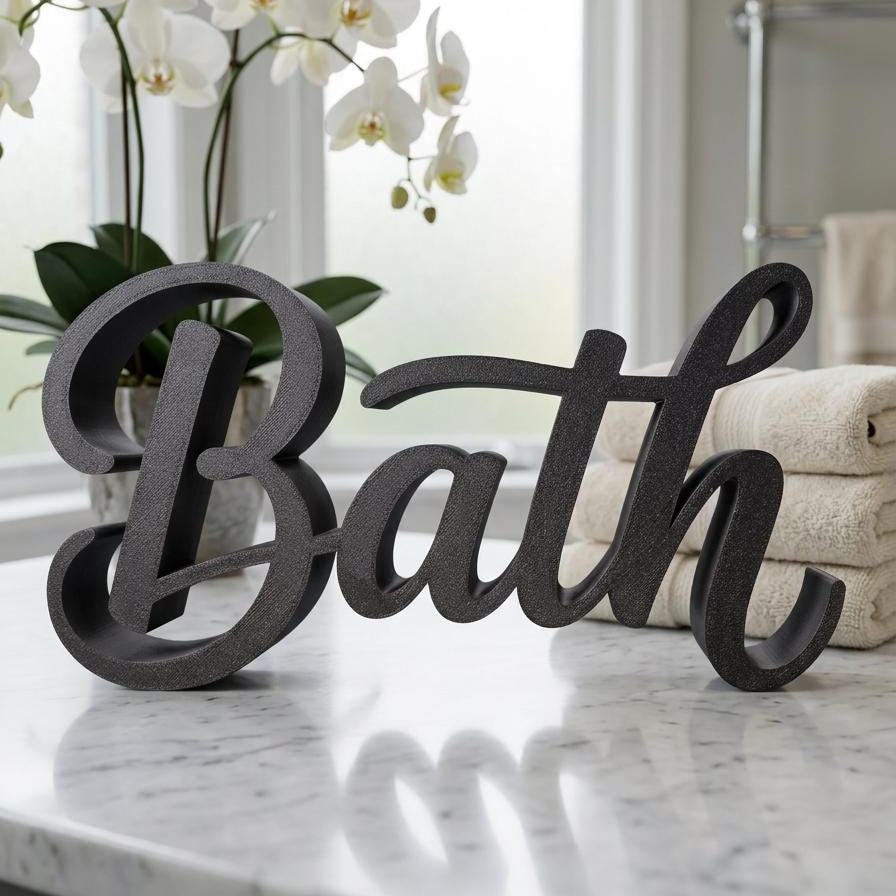 Bath sign on marble surface with flowers and spa towels – farmhouse bathroom decor, made in USA