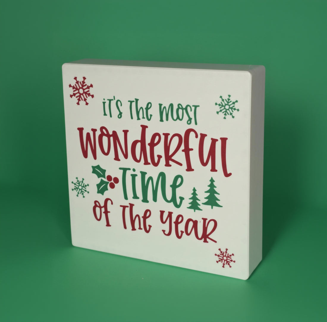 Most Wonderful Time of Year Christmas sign on green background – holiday shelf decor, made in USA
