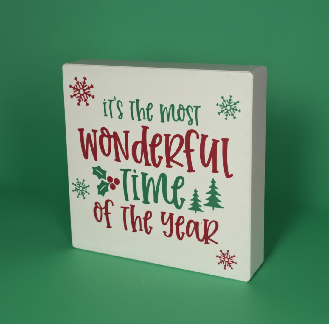 Most Wonderful Time of Year Christmas sign on green background – holiday shelf decor, made in USA