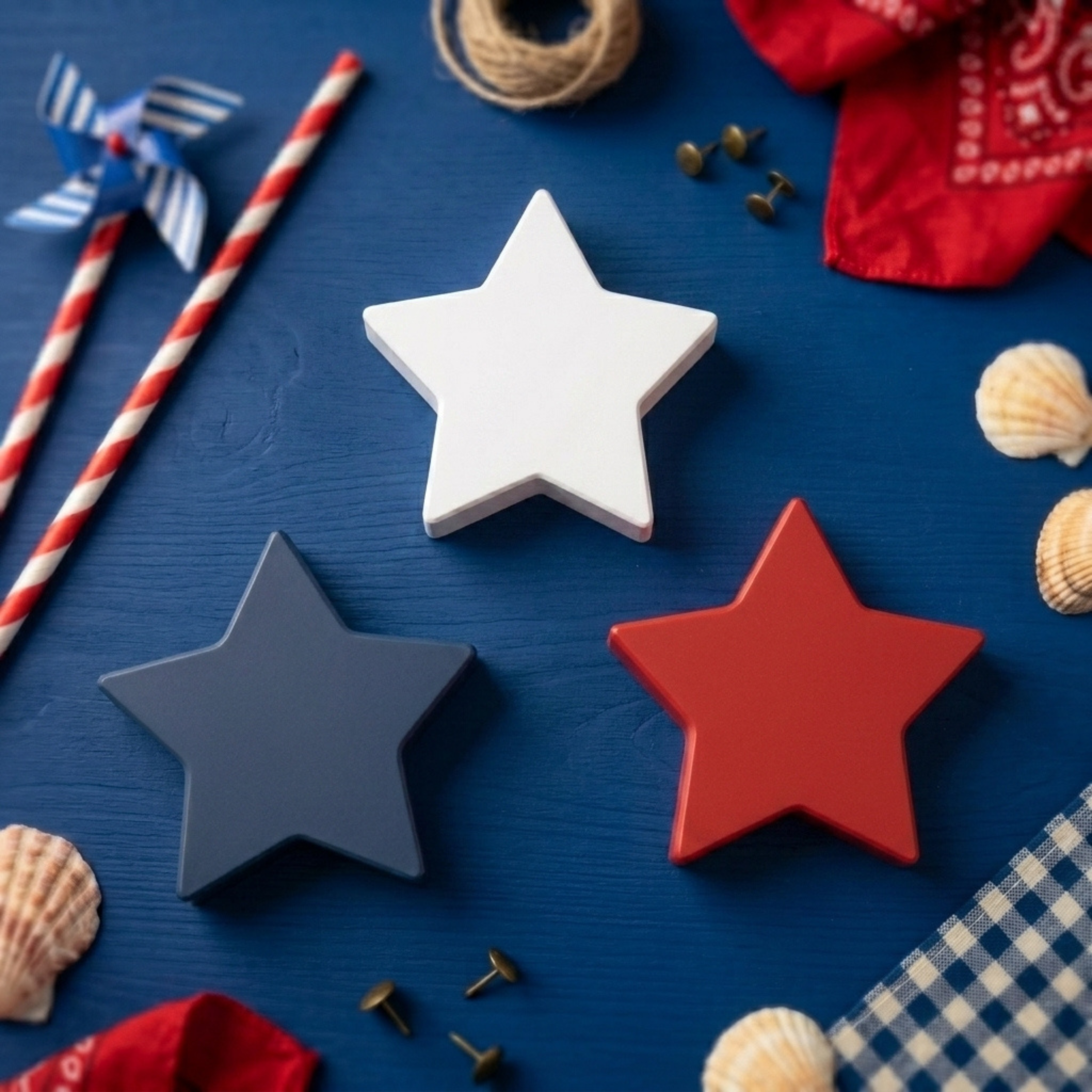 Rustic Patriotic Star Decor, Made in USA, Set of 3 Farmhouse Red White and Blue Stars, Americana Tiered Tray and Shelf Decor