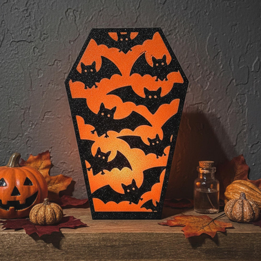 Gothic coffin tea light holder with bat design – spooky Halloween shelf decor, made in USA