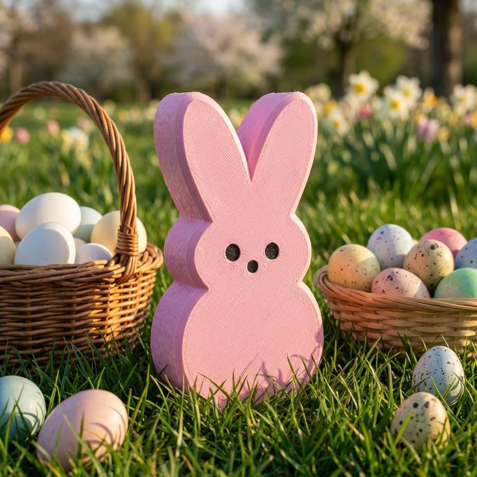 Pink Peeps Easter bunny shelf sitter with Easter basket and flowers – spring decor, made in USA