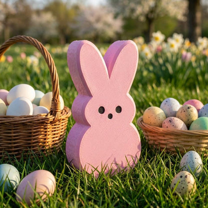 Pink Peeps Easter bunny shelf sitter with Easter basket and flowers – spring decor, made in USA